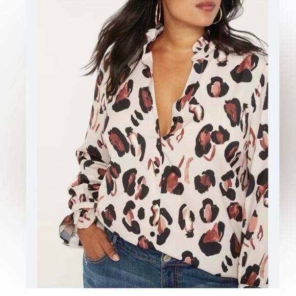 ELOQUII Animal Print Button Up Long Sleeve Blouse Top with Ruffles Size 20 - Picture 1 of 10